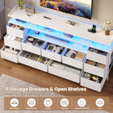 ADORNEVE TV Stand for 65 Inch TV, 63" W TV Console Table with LED Lights & Charging Station, Long Dresser with 11 PU Drawers, Large Entertainment Center with Shelves for Bedroom,White ADORNEVE
