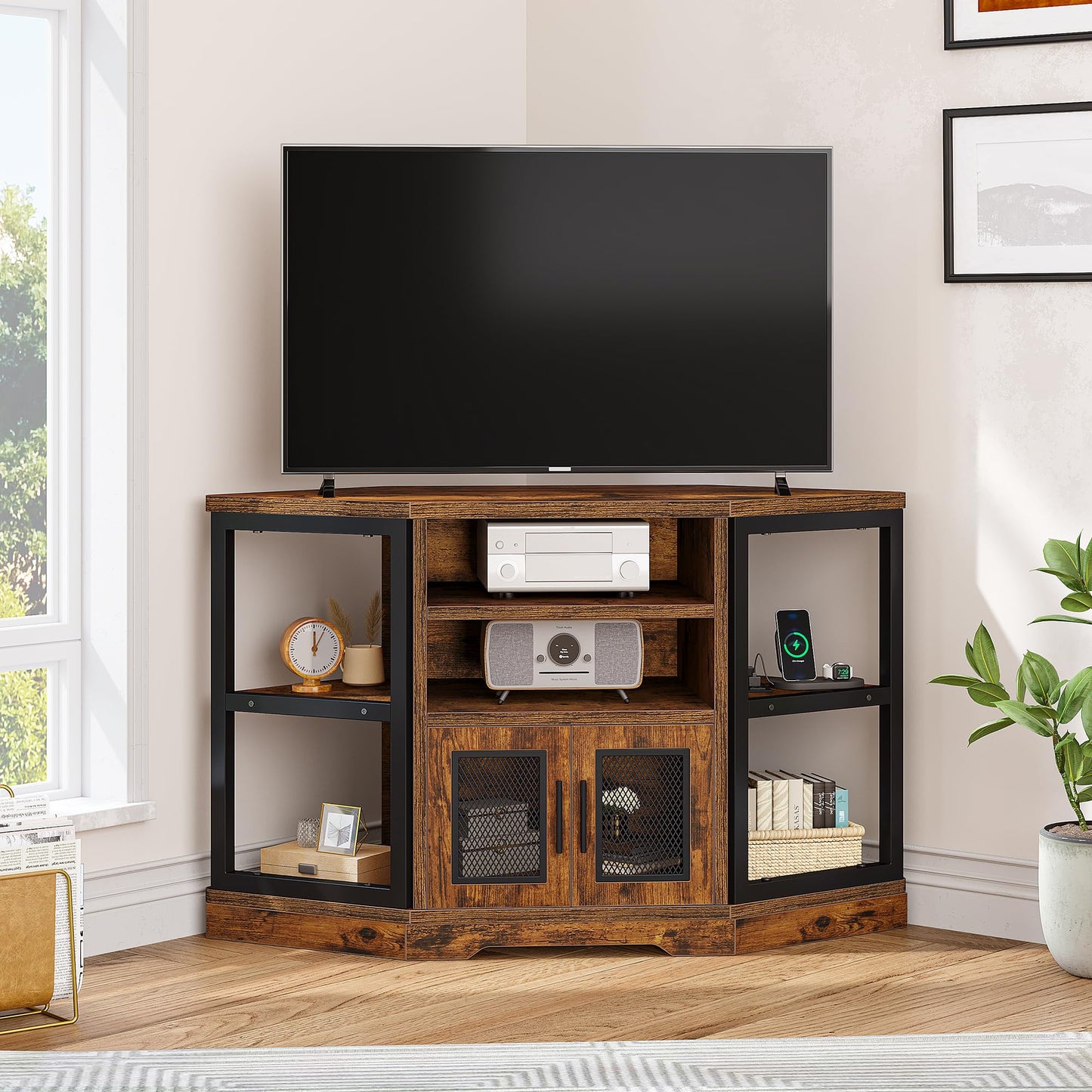 YITAHOME Corner TV Stand for TVs up to 55 Inch with Power Outlet, Modern Farmhouse Entertainment Center, Wood TV Media Console with Storage Cabinets Shelves for Living Room, Retro Brown - WoodArtSupply