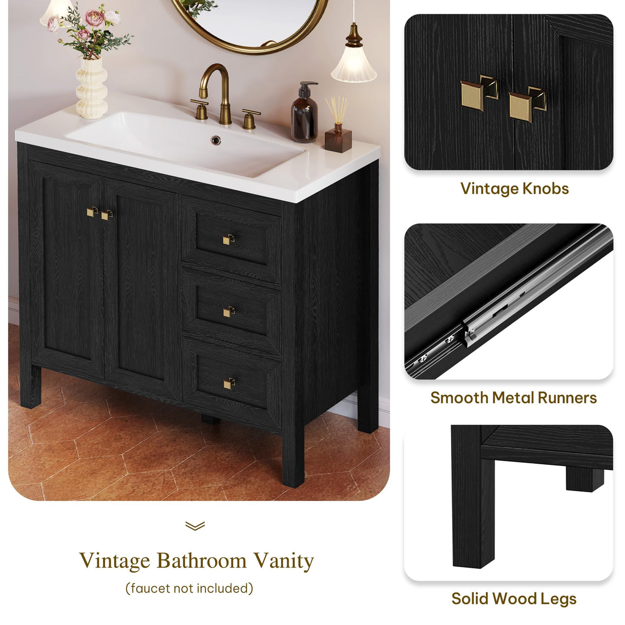 YITAHOME 36" Bathroom Vanity with Sink Set, Vintage Bathroom Cabinet Vanity with Resin Basin, Extra Large Storage with 2 Soft-Closing Doors & 3 Drawers, Black YITAHOME