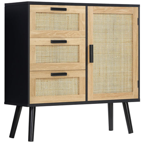 Iwell Storage Cabinet with Rattan Door & 3 Drawers, Rattan Cabinet with Adjustable Shelf, Rattan Dresser, Accent Cabinet for Living Room, Entryway, Kitchen, Black Iwell