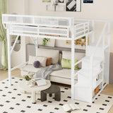 Mirightone Full Size Loft Bed with Stairs, Metal Loft Beds, High Loft Bed Frame with Storage Shelves, Lofted Full Bed with Wardrobe for Kids and Teens, No Box Spring Needed (White) Mirightone
