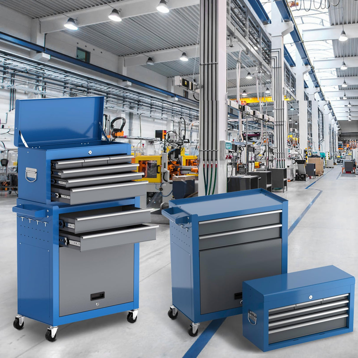 Tool Chest 8-Drawer | 42'' Large Rolling Tool Chest with Wheels | Detachable Top Metal Tool Box | Garage Storage Cabinet for Repair Room,Warehouse | Rolling Tool Box with Hooks,Liners,Tray Divider AIRAJ