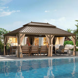 MELLCOM 12' x 22' Hardtop Gazebo,Galvanized Steel Metal Double Roof Aluminum Gazebo with Curtain and Netting,Brown Permanent Pavilion Gazebo with Aluminum Frame for Patios,Gardens,Lawns MELLCOM