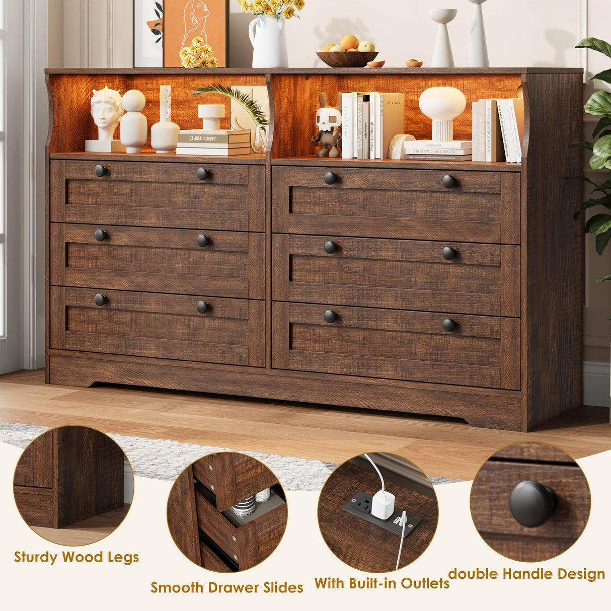 Dresser for Bedroom with 6 Drawers, Large Wooden Bedroom Dressers with Power Outlet and Led Lights, 55 Inch Wide TV Dresser, Wood Modern 6 Drawers Dressers & Chests of Drawers for Room (Rustic Brown) Patikuin