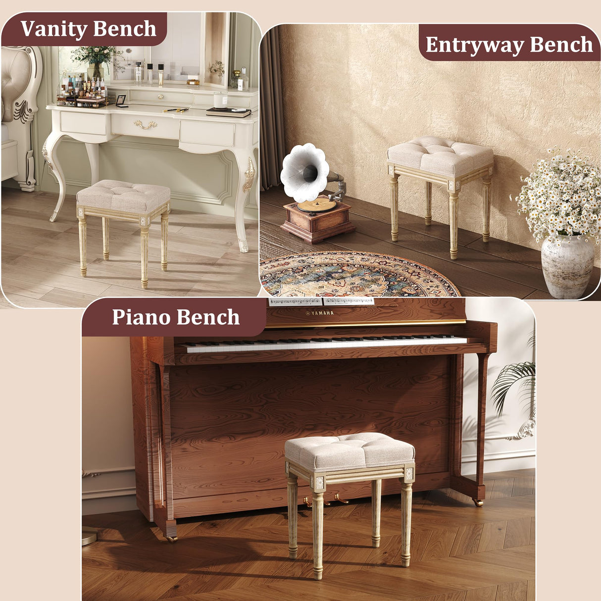 Yusong Vanity Stool Upholstered Bench Seat for Makeup Room, Vintage Small Bedroom Bench Dining Bench with Tufted Fabric for Living Room, Piano Stool with Rustic Wood, Easy Assemble,Beige Yusong
