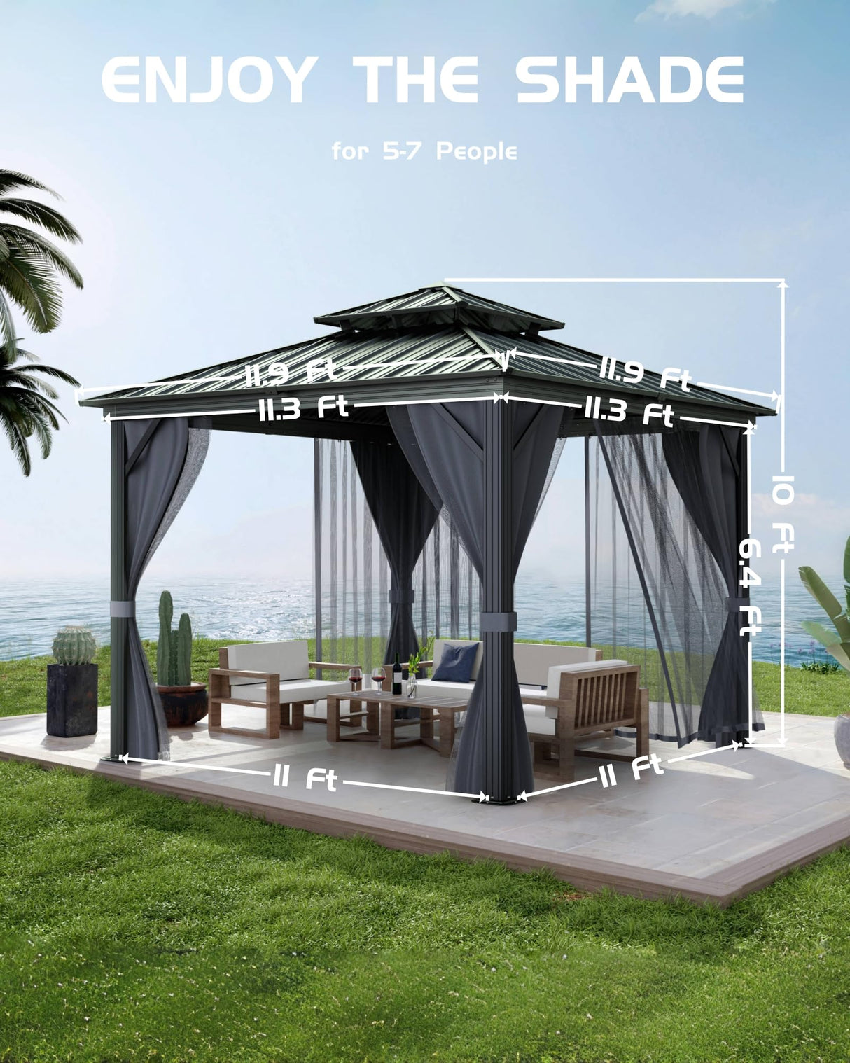 Hardtop Gazebo 12'x12' for All Weather, with Double Metal Roof, Aluminum Alloy Frame, and Net and Curtain, Permanent Building of Backyard Luxury for Patio, Deck, Backyard, Lawn, and Garden, Gray GAOMON