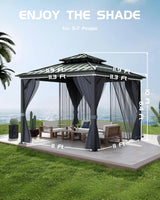 Hardtop Gazebo 12'x12' for All Weather, with Double Metal Roof, Aluminum Alloy Frame, and Net and Curtain, Permanent Building of Backyard Luxury for Patio, Deck, Backyard, Lawn, and Garden, Gray GAOMON