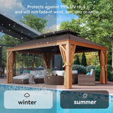 Aoxun Hardtop Gazebo, 12 x 16ft Wooden Finish Coated Aluminum Frame Canopy, Galvanized Steel Double Top, Outdoor Permanent Metal Pavilion with Curtains and Netting, for Backyard, Patio and Deck Aoxun