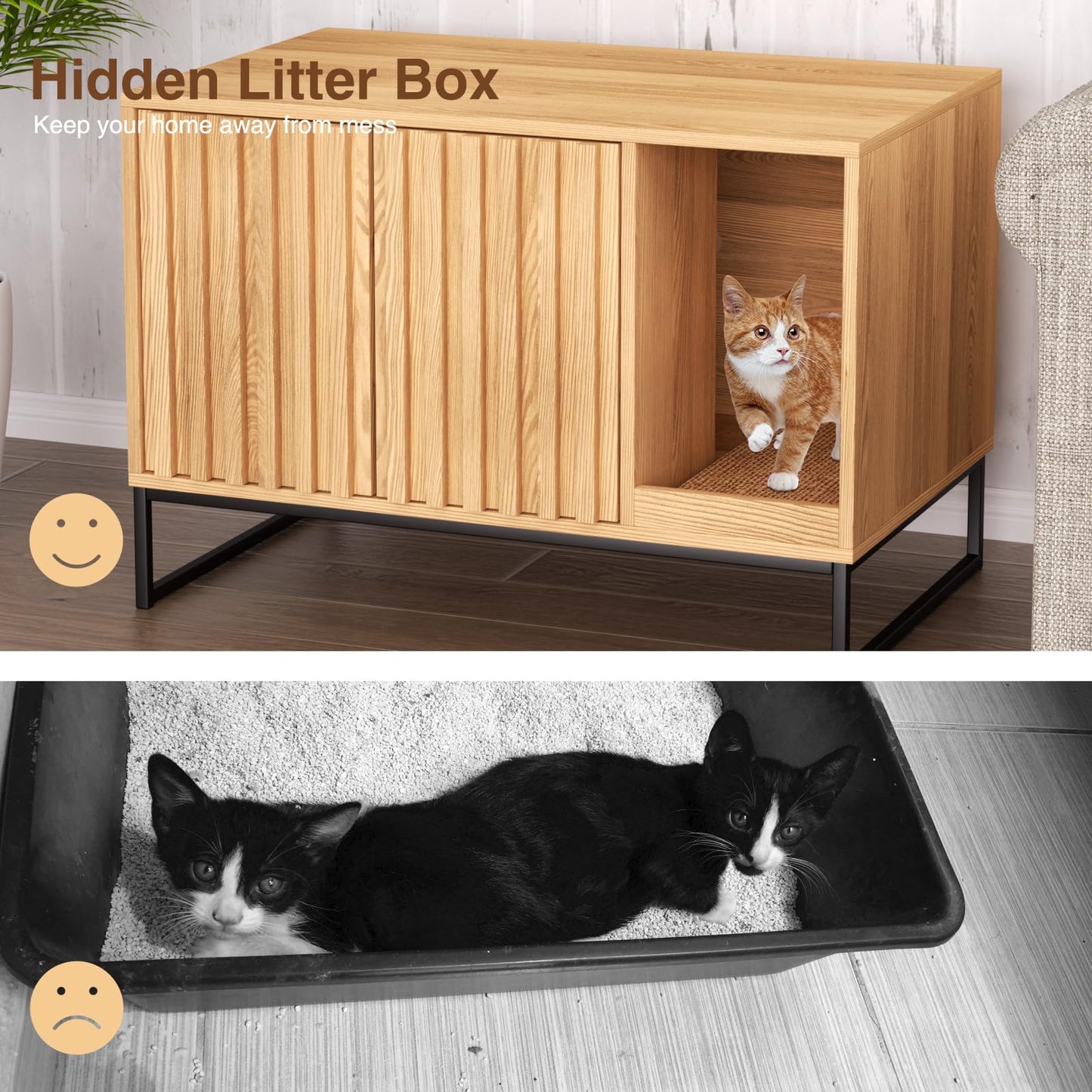 FiveWillowise Litter Box Enclosure, Modern Fluted Hidden Litter Box Furniture,Cat Litter Box Enclosure with Scratching Mat,Cat House Side End Table,Natural - WoodArtSupply