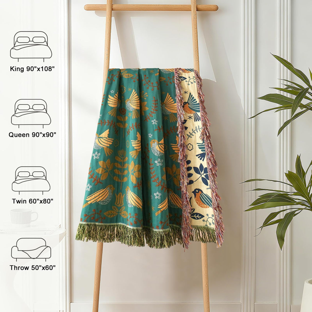 Boho Throw Blanket for Bed 100% Cotton Ultra Soft Rustic Quilt Fall Blanket Bird Floral Printed Farmhouse Decor Large Bed Blankets,60"×80" All Season Rustic Throw for Sofa Couch Chair LUTBM