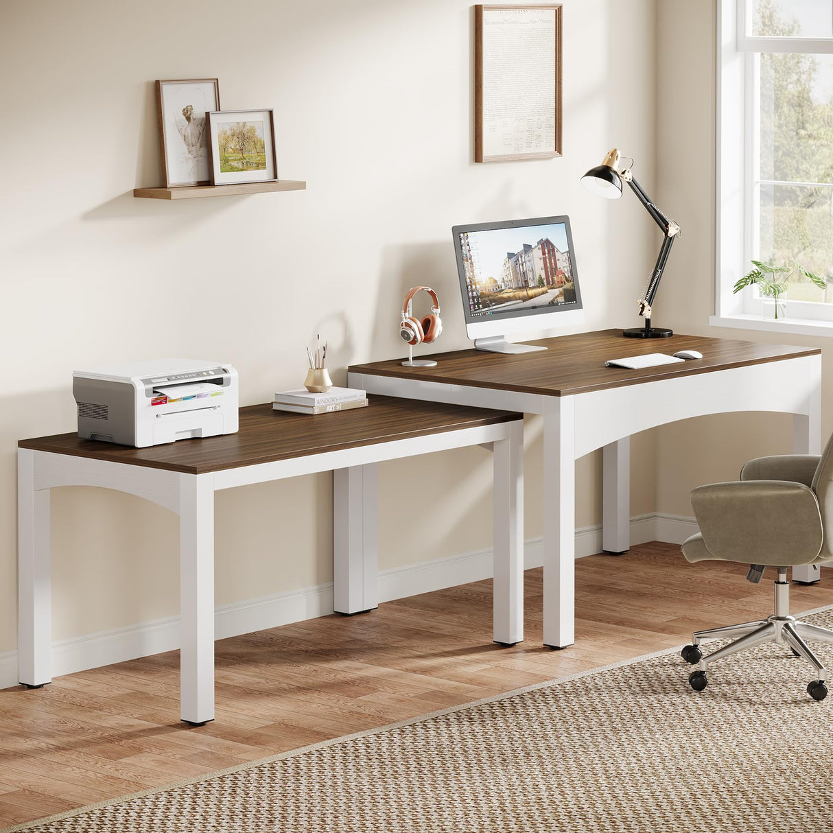 Tribesigns 94.5” Two Person Desk, Extendable Long Double Desk for 2 Person, Modern Computer Desk Study Writing Table for Office, Brown & White Tribesigns