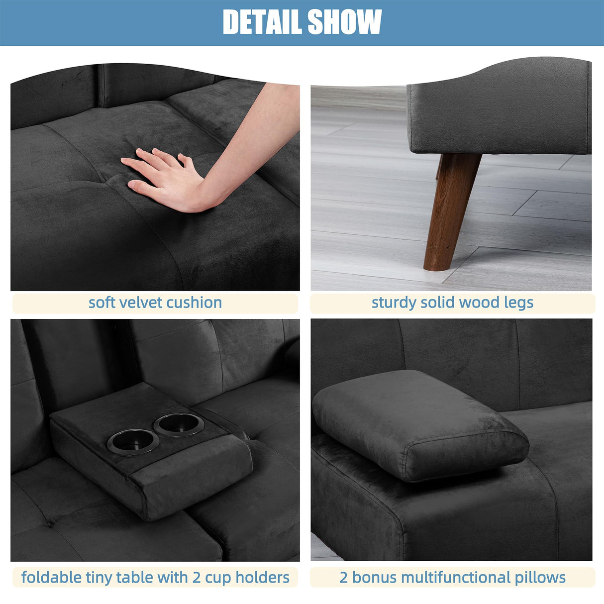 Shintenchi Futon Sofa Bed, Convertible Couch Bed Loveseat, Modern Futon Recliner Sleeper, Small Lazy Futon Set for Living Room, Office, Apartment,e, Black Shintenchi