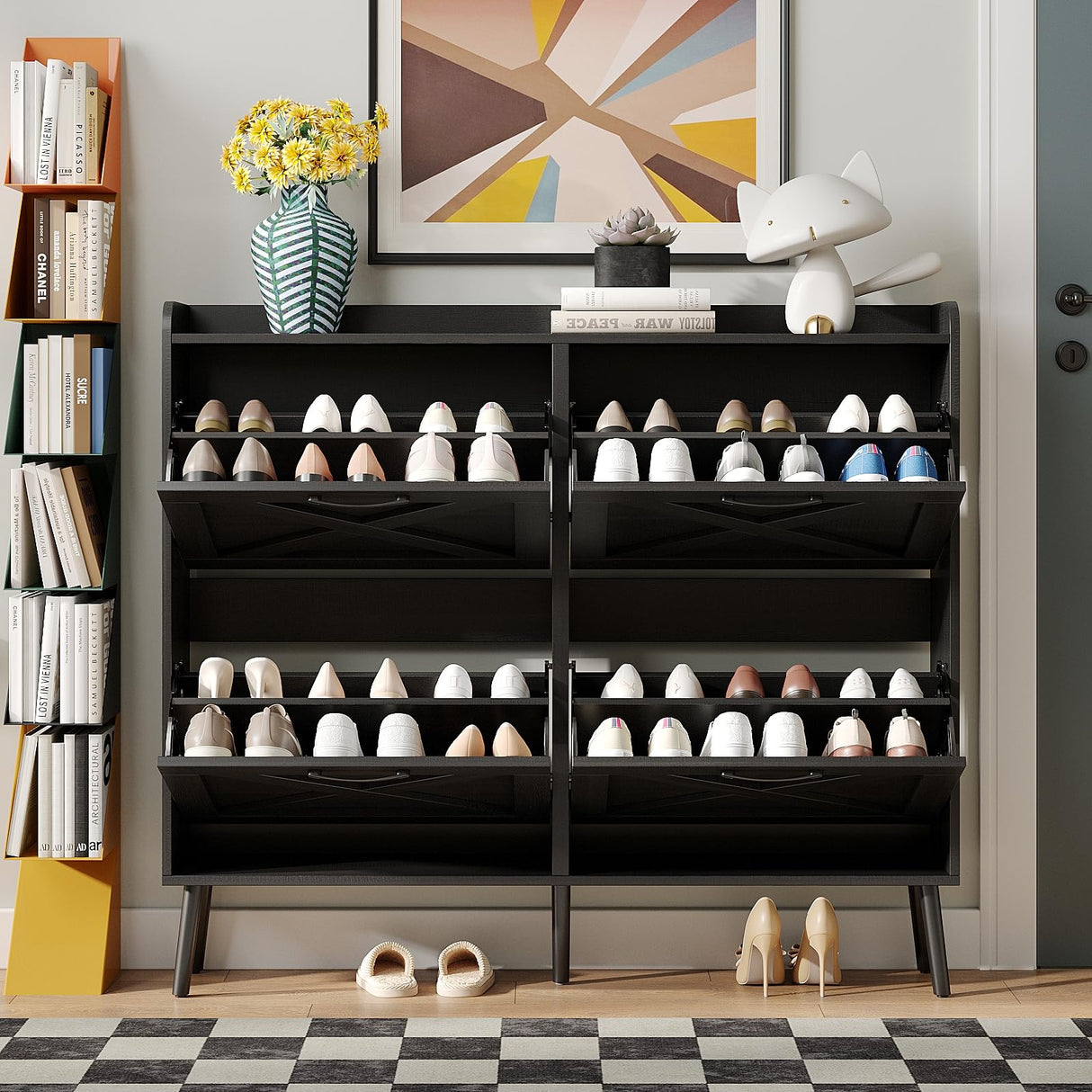 Maupvit Large Shoe Storage Cabinet with 4 Flip Drawers, Narrow Shoe Cabinet for Entryway with Wooden Legs, Freestanding Hidden Shoe Rack Organizer ＆ Metal Hinges, Black Maupvit