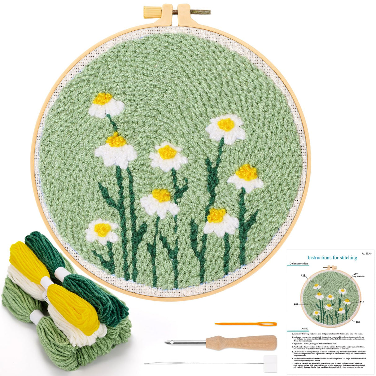 JSRQT Punch Needle Embroidery Starter Kits,Rug Hooking Kit for Kids and Adults Beginners,Handcraft Punch Needle Kits with Embroidery Hoops,Flowers and Plants Pattern JSRQT