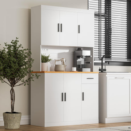 DIYART White Kitchen Pantry Cabinet, 71" Tall Kitchen Storage Cabinet with Power Outlet, Freestanding Kitchen Hutch with countertop DIYART