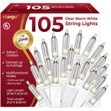 Clear Warm White Christmas Tree Lights - 20 ft String of 105 Incandescent Mini Bulbs Multifunctional Lighting Modes, for Decorative, Bedroom, Outdoor, Xmas Twinkle Lights with White Wire Total 21.6 ft stargo