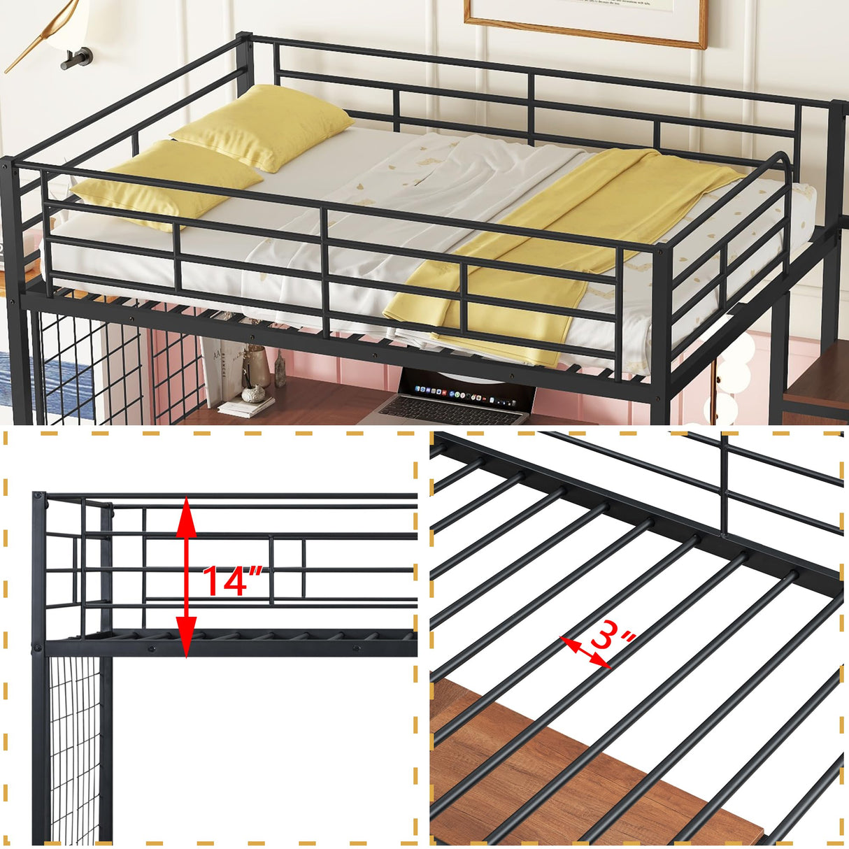 Full Size Loft Bed with Desk and Storage Wardrobe, Heavy Duty Loft Bed with Stairs and Metal Grid, Full Size Loft Bed for Kids, Girls, Boys, No Box Spring Needed (Black Wardrobe, Full) Bellemave
