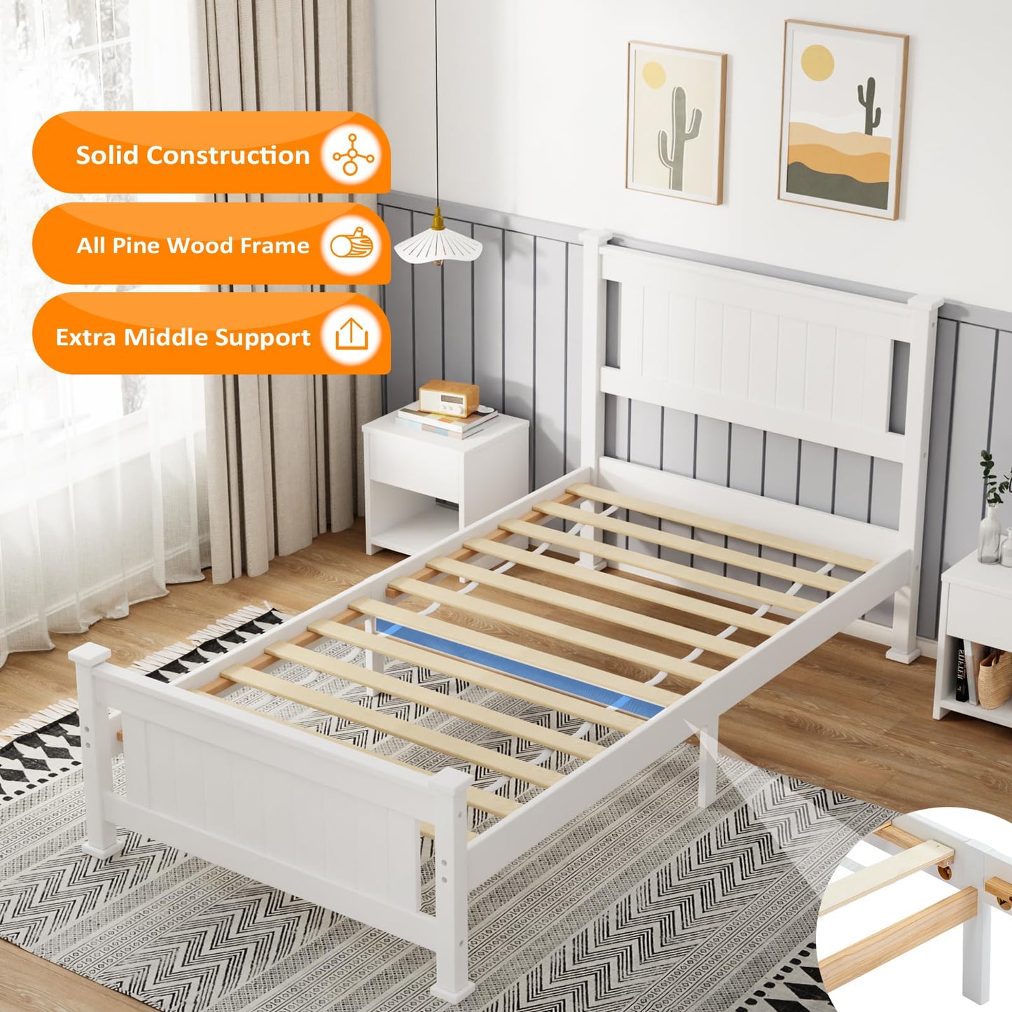 VINGLI Twin Solid Wood Bed Frame with Headboard – Modern White Platform Design, No Box Spring Needed - WoodArtSupply