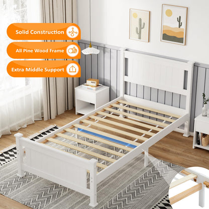 VINGLI Twin Solid Wood Bed Frame with Headboard – Modern White Platform Design, No Box Spring Needed - WoodArtSupply