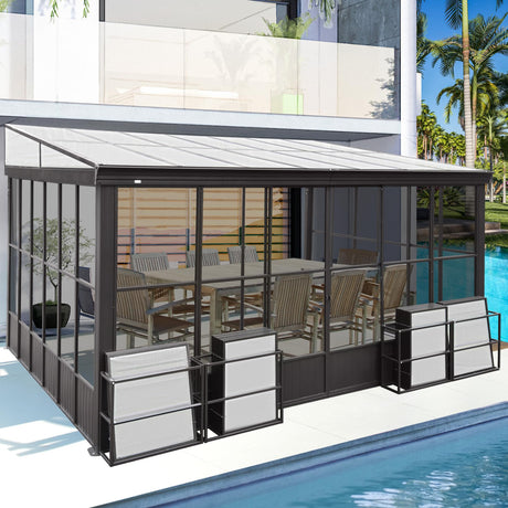 Domi 12x14FT All Season Sunroom, Outdoor Permanent Wall Mounted Solarium with Detachable Polycarbonate Windows, Aluminum Lean to Gazebo Sun Room with 2 Lockable Sliding Doors for Garden Patio Deck domi outdoor living