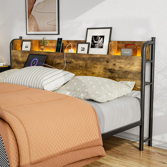 AOVSA King Size Industrial Farmhouse LED Storage Headboard with Charging Station in Rustic Brown - WoodArtSupply