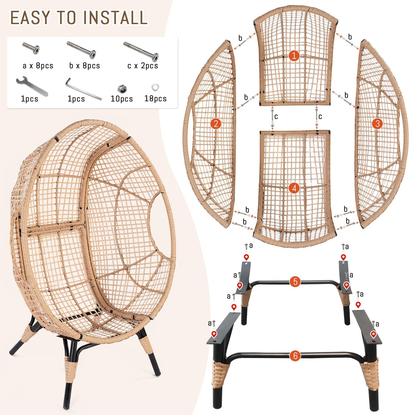 RADIATA Egg Chair with Footrest Outdoor Wicker Patio Egg Chairs with Ottoman for Indoor Bedroom Outside Porch Deck Backyard Garden (Beige)