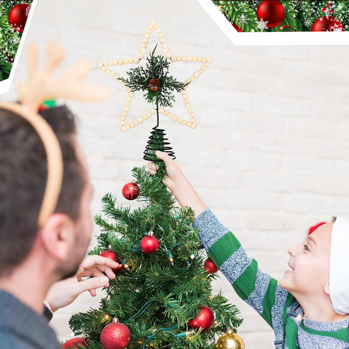 Gejoy Christmas Beaded Star Tree Topper Farmhouse Christmas Tree Topper Rustic Star Tree Topper with Berries Pinecones Neutral Christmas Star Tree Topper for Xmas Tree Decorations(Cone,Wooden) Gejoy