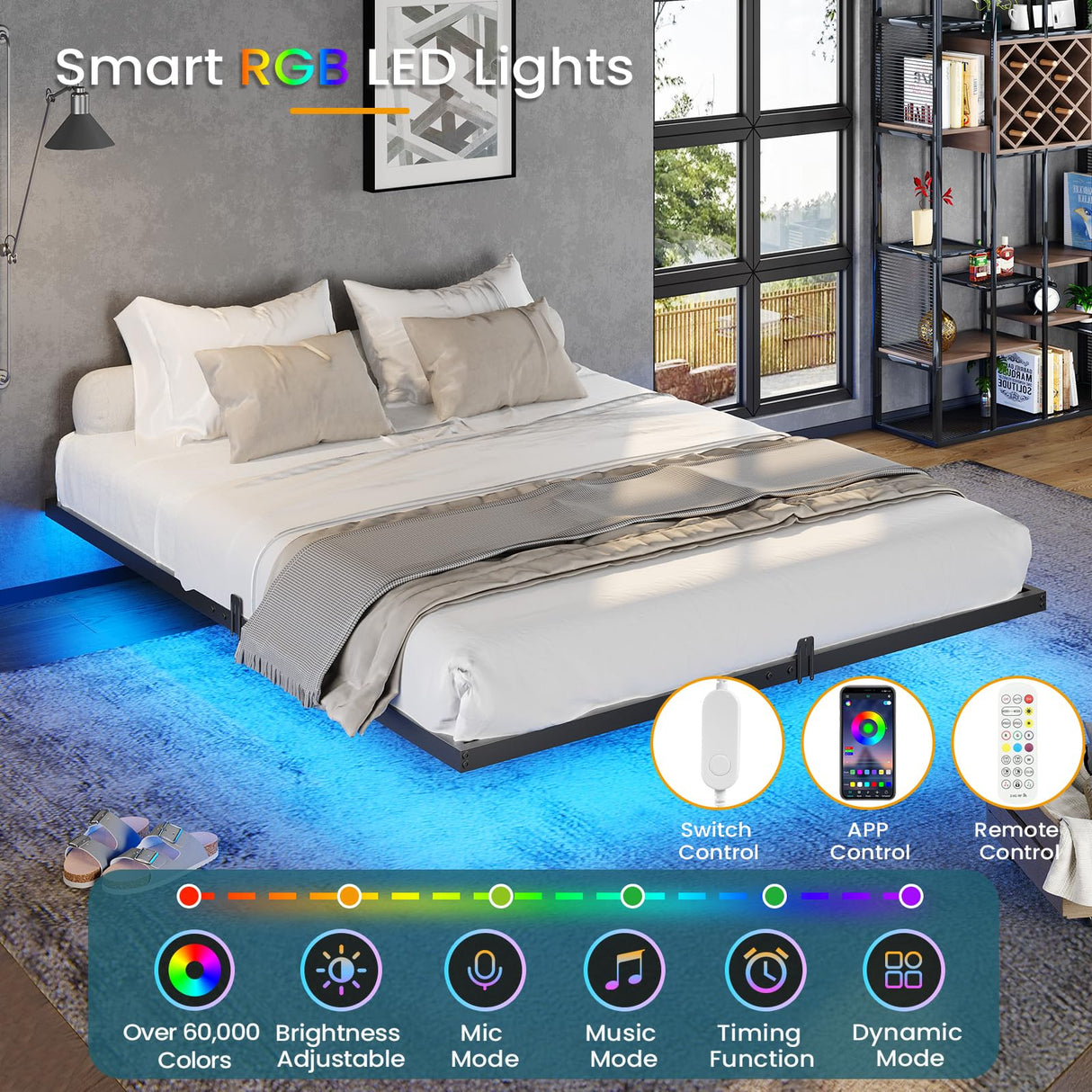 DICTAC Queen Size Floating Bed Frame with LED Lights and Heavy Duty Steel Slats, Black DICTAC