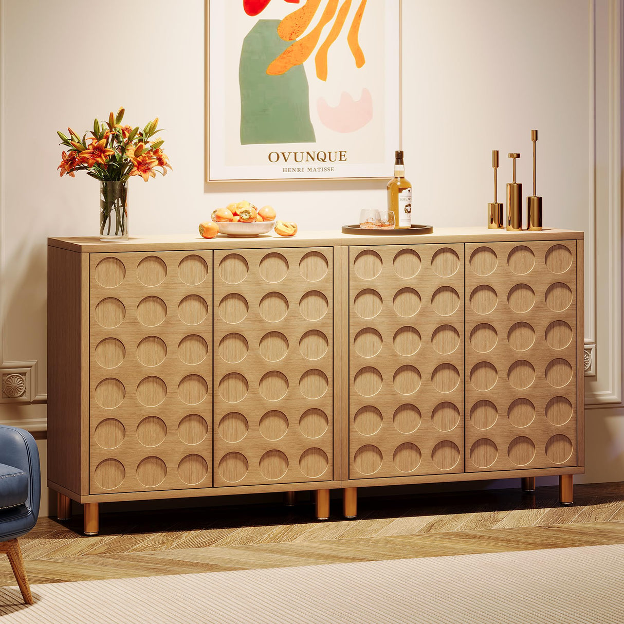 Tribesigns Buffet Sideboard Set of 2, 57-Inch Large Buffet Cabinet with Storage and 4 Doors, Modern Credenzas Coffee Console Accent Cabinet for Entryway, Kitchen, Living Room, Natural Tribesigns