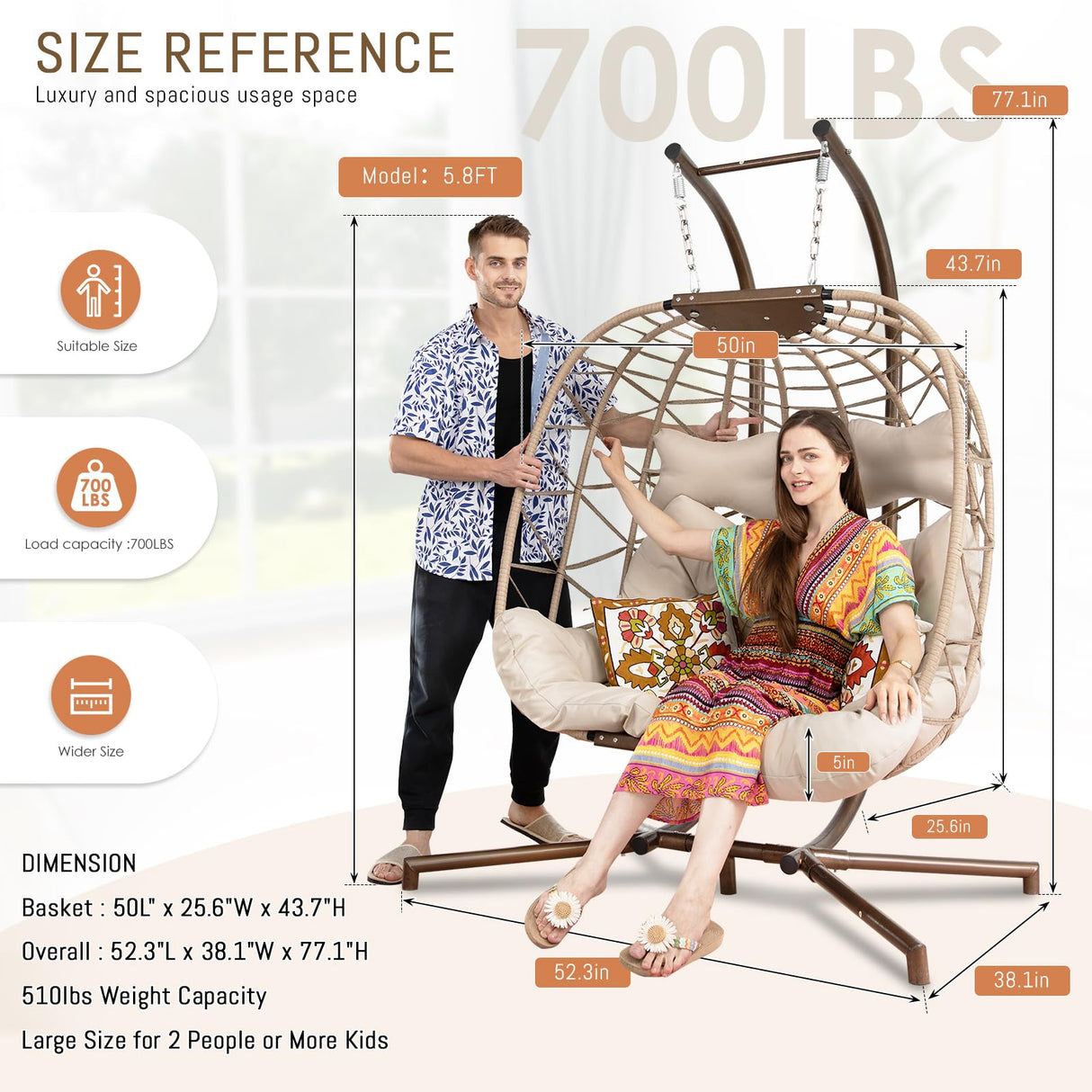 RADIATA Hanging Double Egg Chair with Stand, Oversized 2 Person Swing Egg Chairs Outdoor Indoor, 700Lbs Sturdy Loveseat Wicker Chair with Comfy Thick Cushion for Patio Backyard Balcony Porch, Beige RADIATA