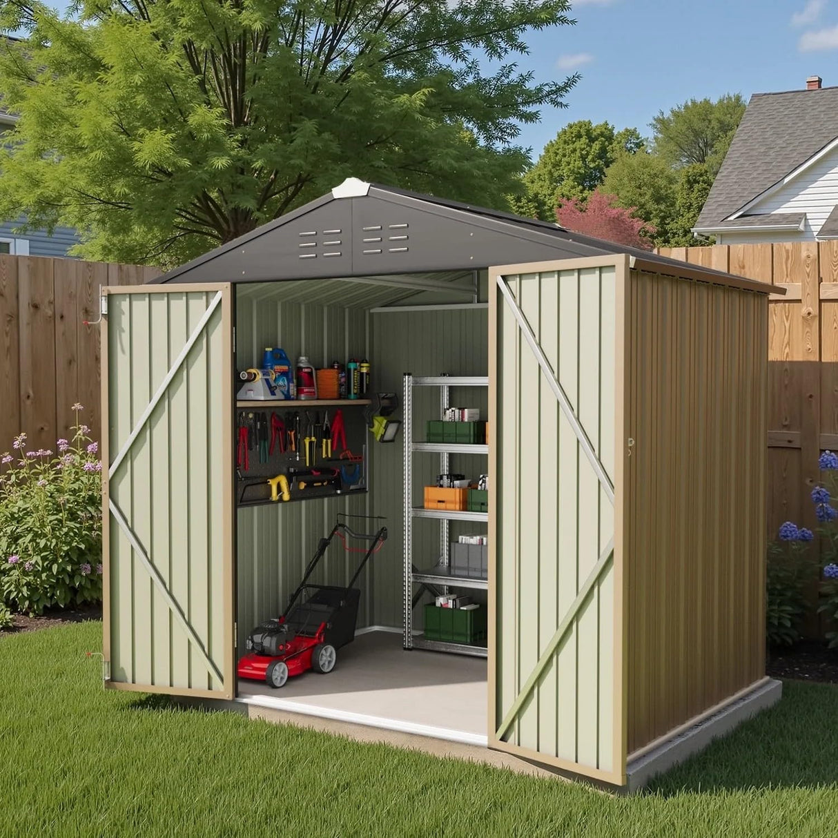 Greesum 8×6FT Outdoor Storage Shed, Metal Patio Storaged Sheds with Lockable Doors, Sheds & Outdoor Storage for Bike, Backyard, Pool and Garden, Brown Greesum