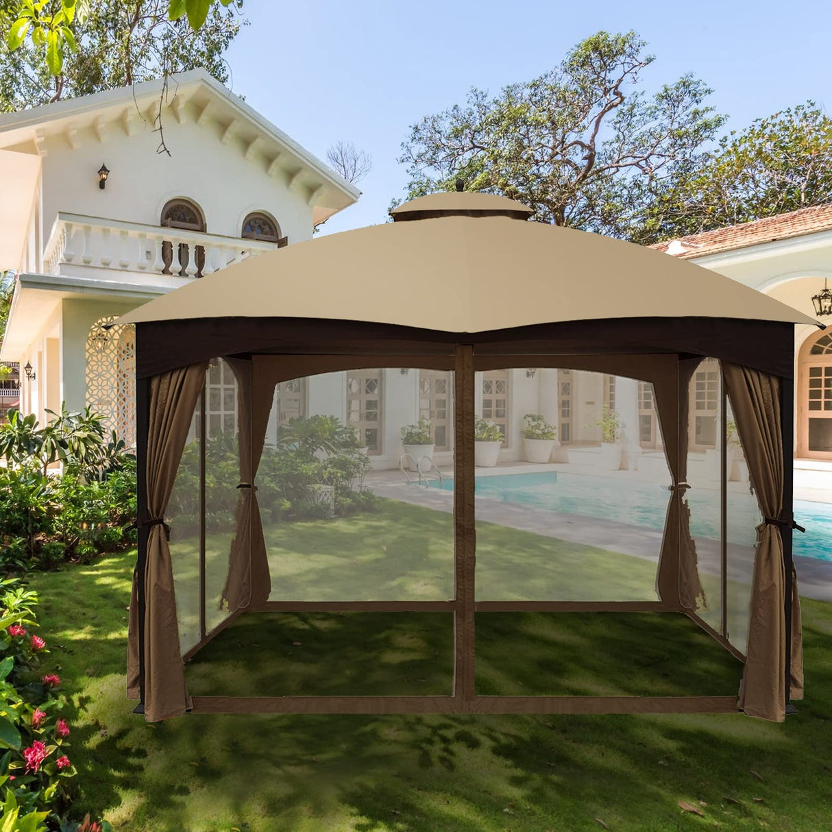 Gazebo Universal Replacement Mosquito Netting - Wonwon Outdoor Gazebo Canopy 4-Panel Screen Walls with Zipper for 10' x 12' Gazebo (Mosquito Net Only) (Brown) Wonwon
