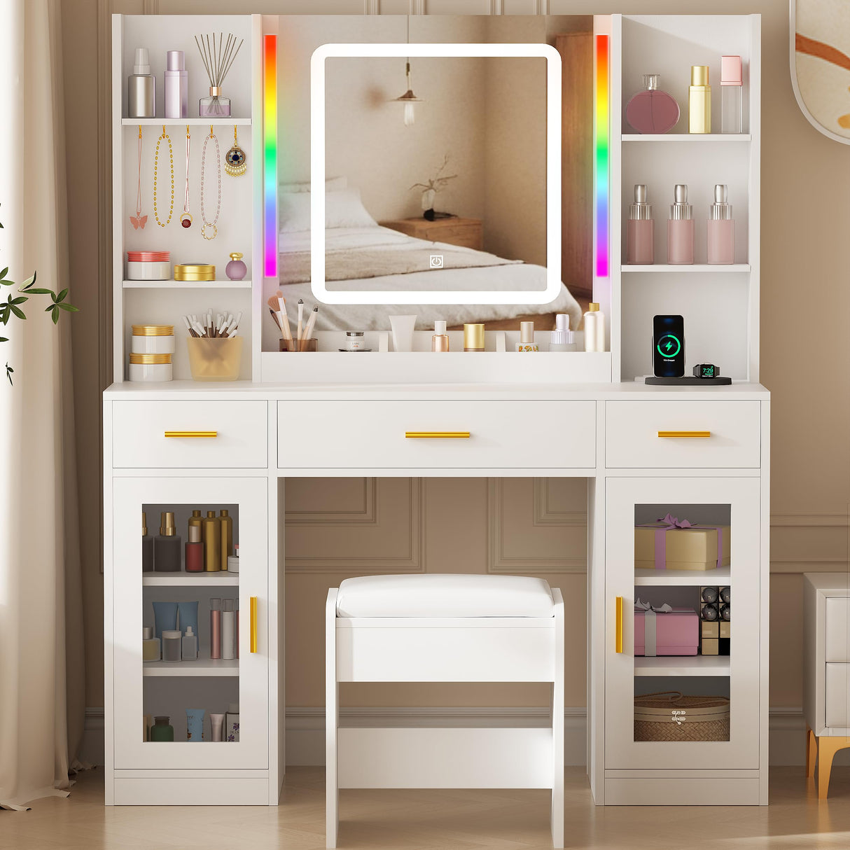 ANWBROAD Vanity Desk with Mirror and Lights 3 Colors 43.3" Makeup Vanity with RGB Lights and Power Strip Large Vanity Set with 3 Drawers 2 Cabinets White Dressing Table Stool for Women Bedroom UBDT78W ANWBROAD