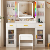 ANWBROAD Vanity Desk with Mirror and Lights 3 Colors 43.3" Makeup Vanity with RGB Lights and Power Strip Large Vanity Set with 3 Drawers 2 Cabinets White Dressing Table Stool for Women Bedroom UBDT78W ANWBROAD