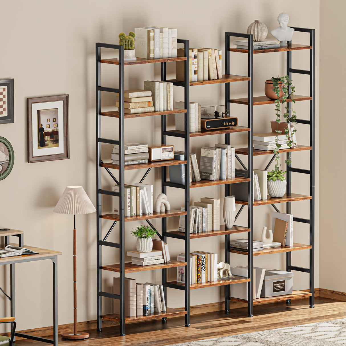 SUPERJARE Triple 6 Tier Bookshelf, Bookcase with 17 Open Display Shelves, Wide Book Shelf Book Case for Home & Office, Rustic Brown SUPERJARE
