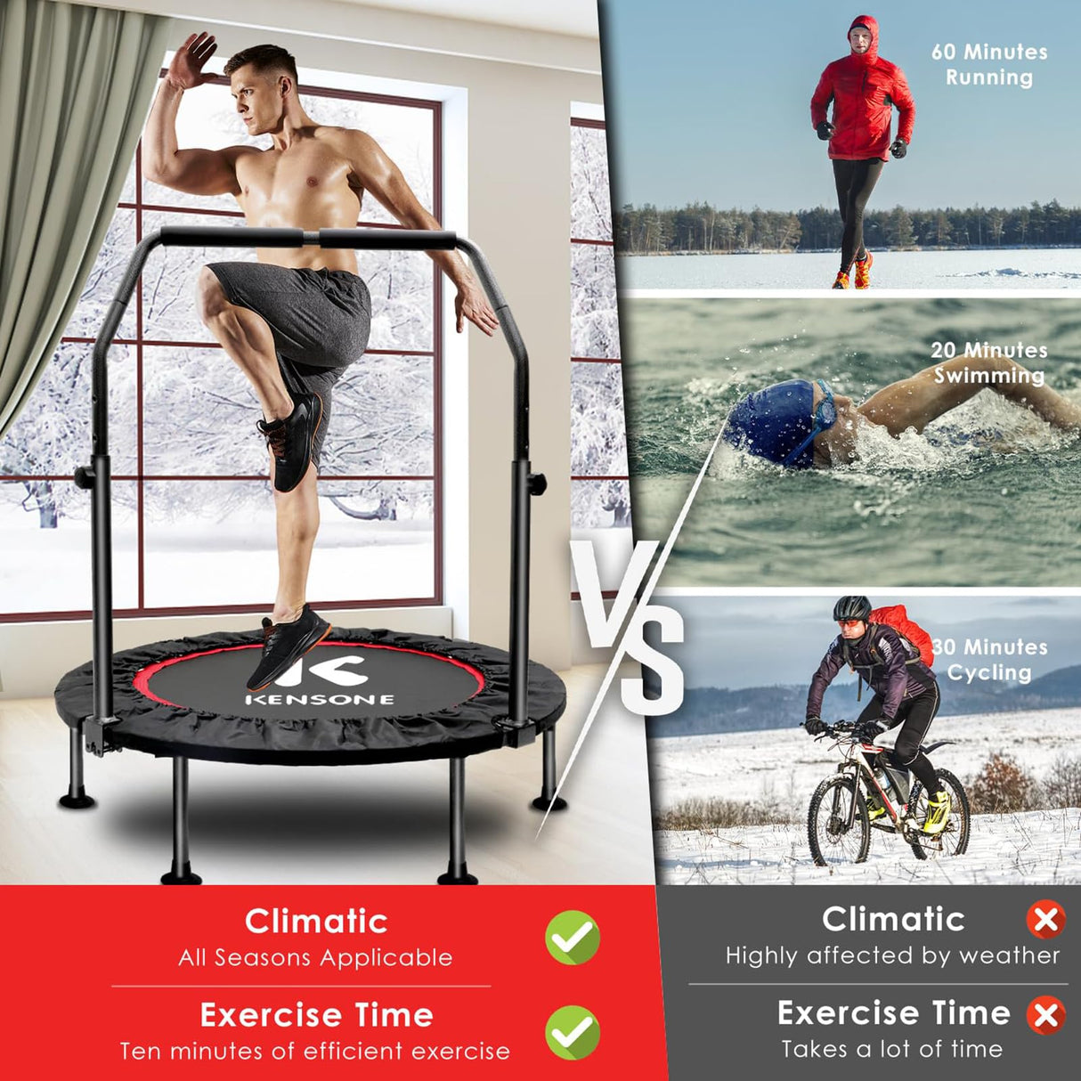 KENSONE 40" Foldable Mini Trampoline, Indoor Trampoline for Kids, Adults Indoor/Garden Workout, Fitness Rebounder with Adjustable Foam Handle, Max Load 330 lbs FREEDARE