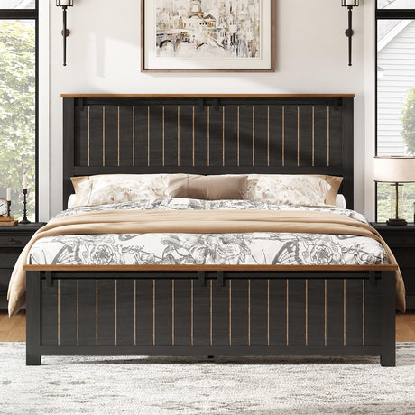 AMERLIFE Farmhouse Full Size Bed Frame with Sliding Barn Door, Wooden Rustic Platform Bed Frame with 47" Tall Headboard, Noise-Free, Solid Wood Slats & Metal Support, No Box Spring Needed, Dark Grey AMERLIFE