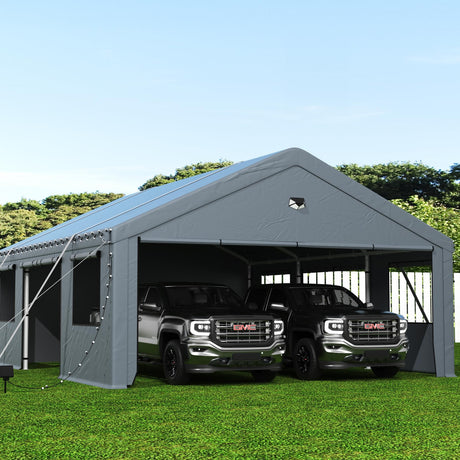 Carports 20X20 Heavy Duty，2 Car Carport with Side Doors，Extra Large Outdoor Carport Canopy，Portable Car Port Garage All Weather，Gray Sannwsg