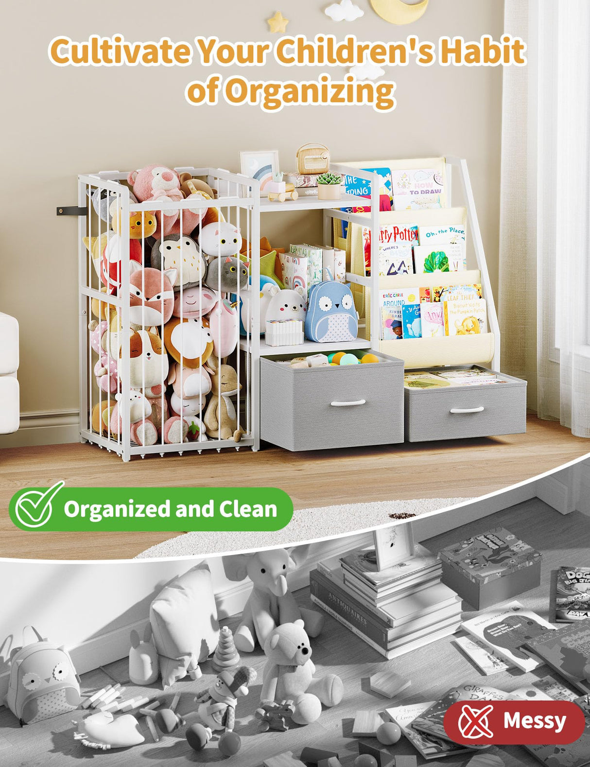 Twinkoo Kids Bookshelf and Toy Storage, Large 3 Tier Book Shelf for Kids Rooms, Sling Baby Bookcase with Stuffed Animal Storage, Toddler Montessori Bookshelf for Nursery, Playroom, Kindergarten Twinkoo