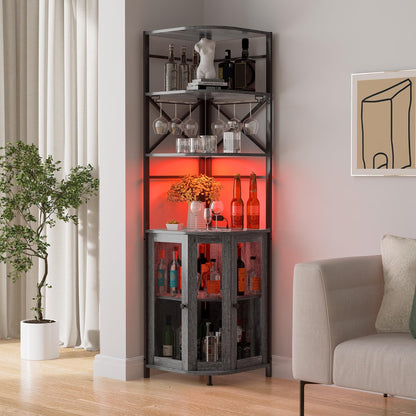 Aufvolr Wine Bar Cabinet with Power Outlet, 6-Tiers Industrial Wine Cabinet with LED Light and Glass Holder, Corner Bar Cabinet with Adjustable Shelf and Mesh Door, Liquor Cabinet Bar for Home