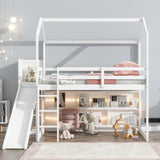 Favfurish Twin Size House Loft Bed with Slide, Storage Shelves and Light, Wood Kids Bed Frame with Guardrail and Ladder,Climbing Ramp,for Teens Boys Girls Bedroom, White Favfurish