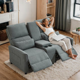DRMBOOK 63'' RV Loveseat Recliner Sofa, Linen Fabric Double Camper Couch 2 Seater Recliner with Console, Home Movie Theater Seating Chair, 2 Person Push Back Recliners for Living Room, Grey DRMBOOK