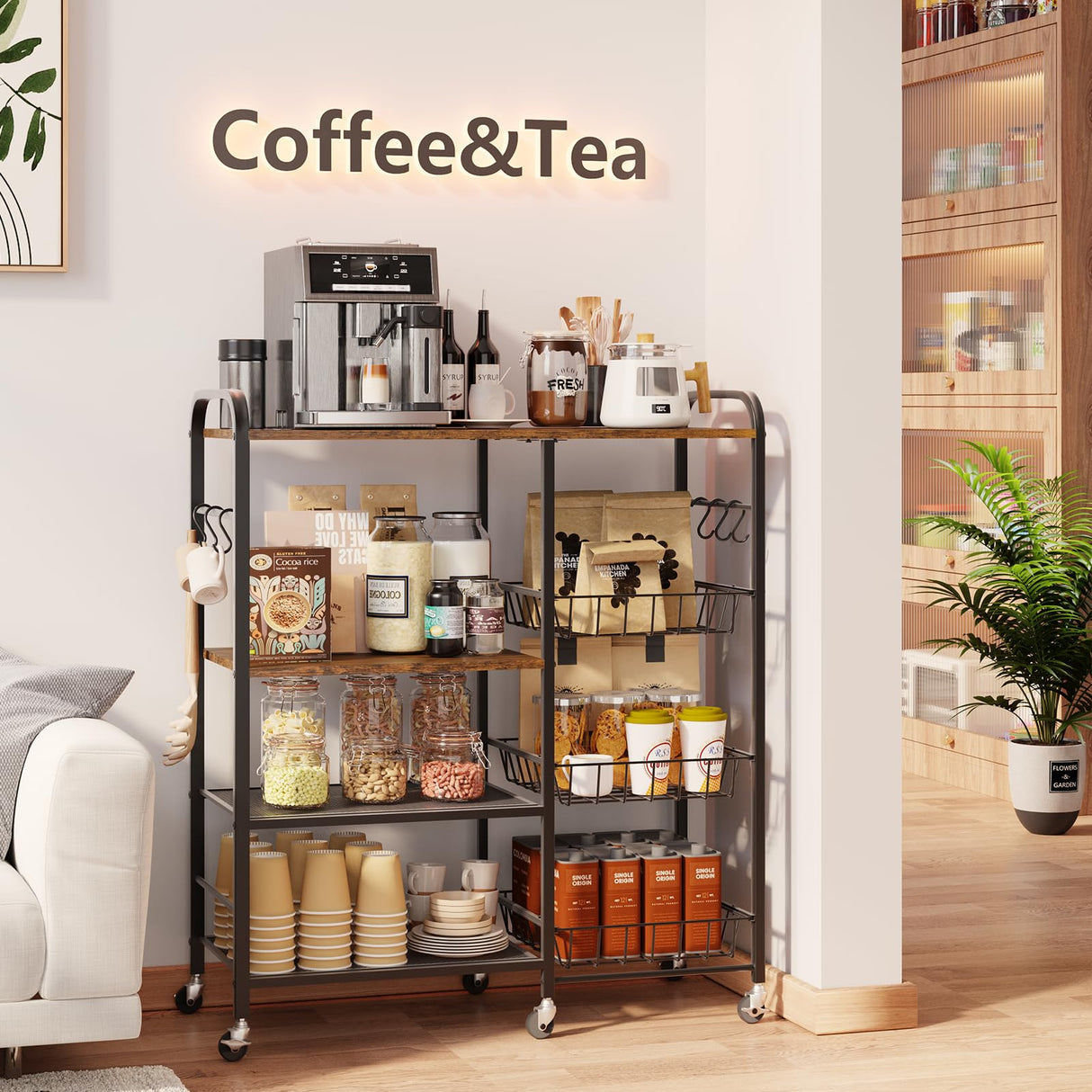 HapiRm Rolling Kitchen Microwave Cart - 4 Tier Microwave Table Stand with Pull-Out Baskets, Coffee Bar Baker's Rack with Wheels Rolling Storage Cart Organizer Shelf for Living Room Office, Balcony HapiRm