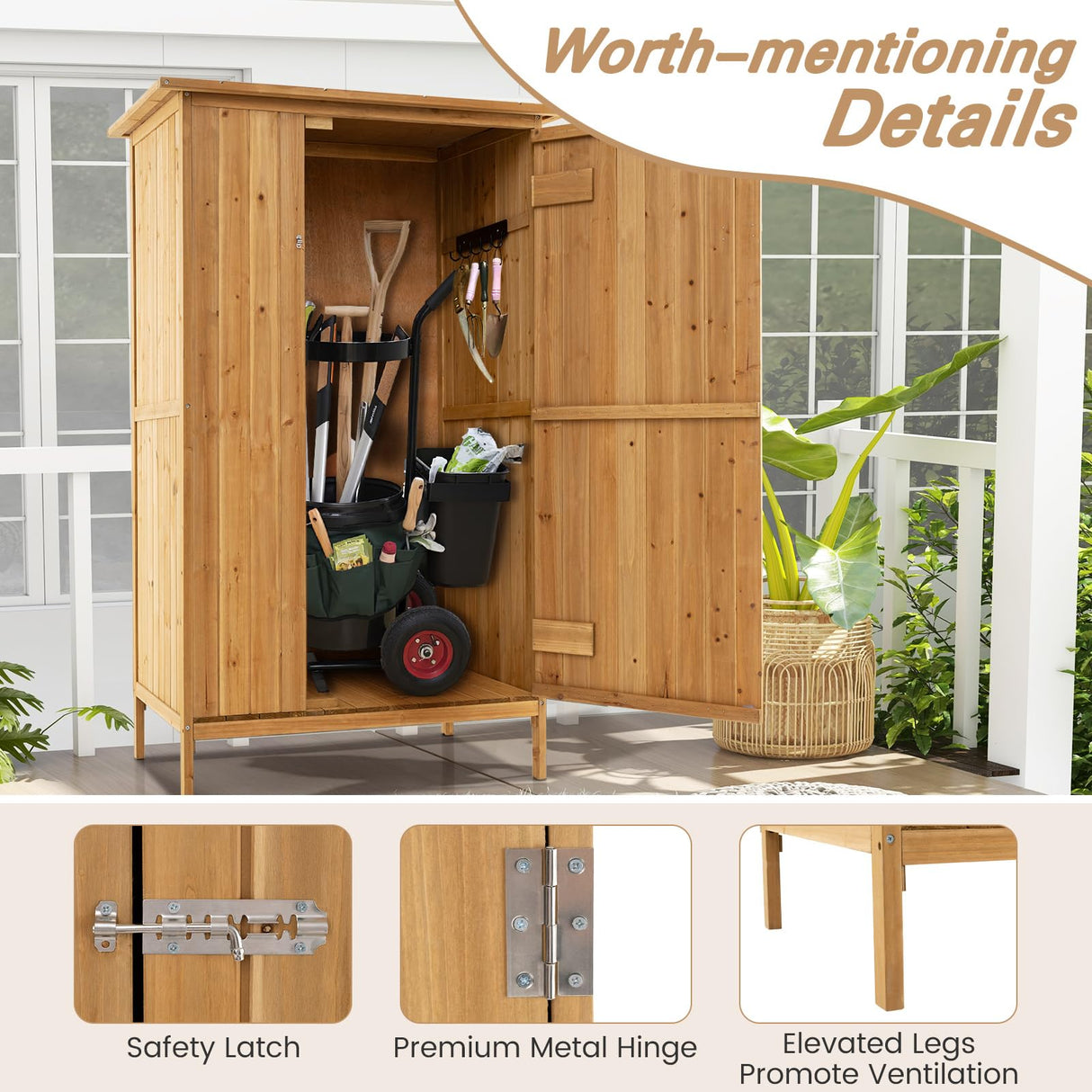 Goplus Outdoor Storage Cabinet, 5 × 3 FT Wooden Garden Shed with Asphalt Roof, 3 Shelves, Lockable Door, 5 Hanging Hooks, Outside Utility Tool Shed Organizer for Backyard, Patio, Deck, Natural Goplus