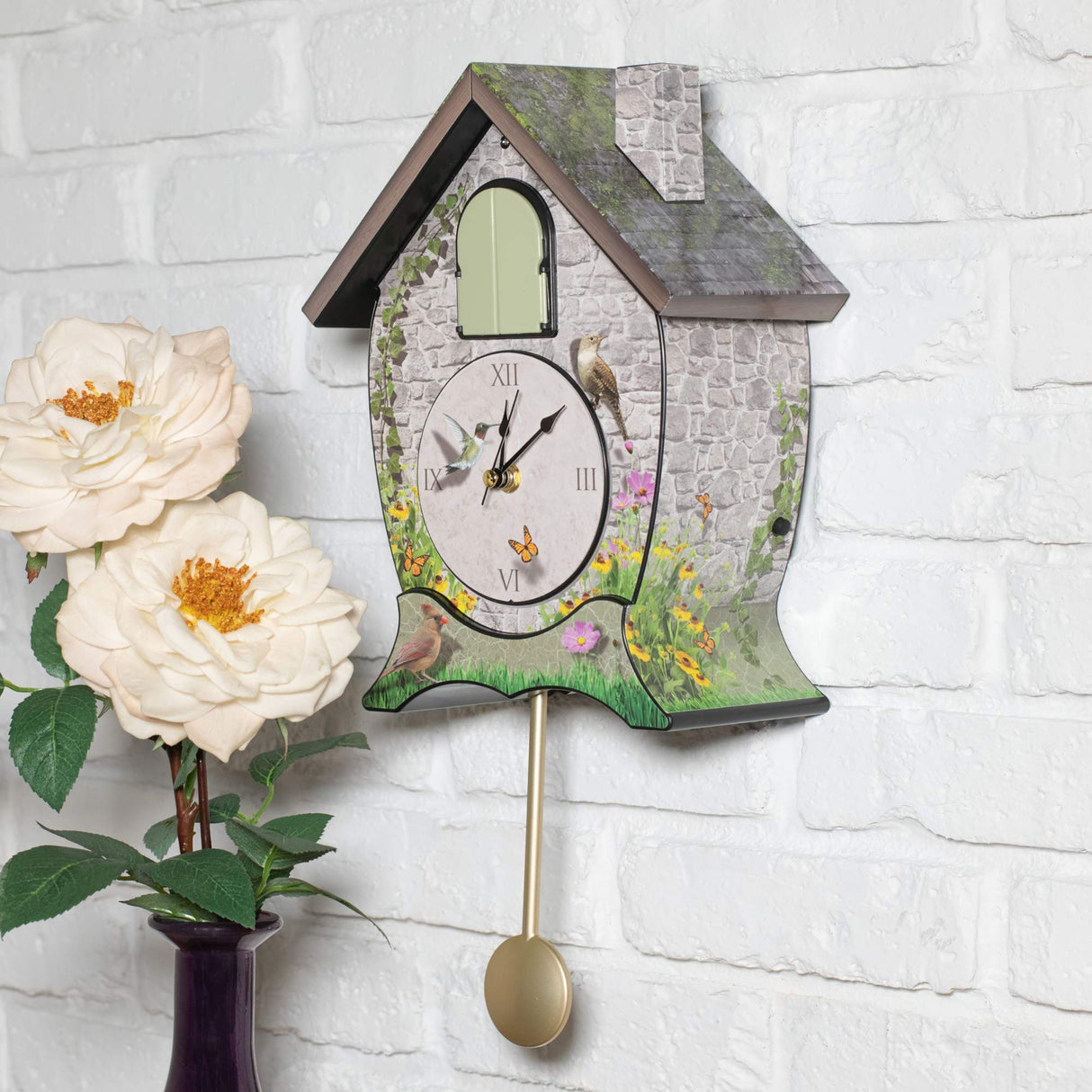 Mark Feldstein Garden Cottage Singing Cardinal Tabletop Wall Sound Cuckoo Clock 14x10 Mark Feldstein & Associates