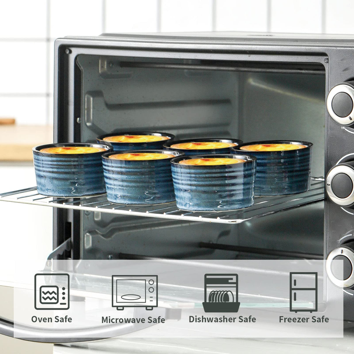 Tikooere Ceramic Ramekins 6 oz, Oven Safe Souffle Dish Set of 6 for Baking, Porcelain Dipping Sauce Bowls for Creme Brulee,Stackable Custard Cups for Pudding, Ice Cream, Lava Cakes, Blue Tikooere