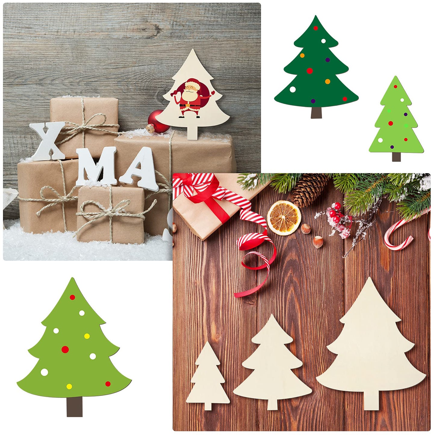 6 Pieces Christmas Tree Wood Cutouts Shape Unpainted Wood Slice Unfinished Wood Plaque Craft Blank Decorative Blank Wood Sign for Crafts DIY Project Christmas Party Wedding Ornament, 3 Sizes