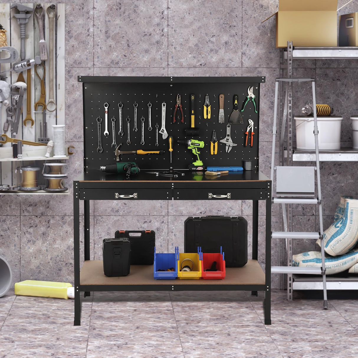 GarveeTech 61 Inch Workbench with Pegboard, Workbench Tool Storage Workshop Table with Drawers and Pegboard, 420lbs Weight Capacity GarveeTech