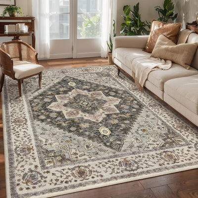 Tangsoo Washable Rug 4x6 Area Rug, Vintage Rug Indoor for Living Room, Non Slip Machine Washable Large Rugs, Soft Print Distressed Grey Farmhouse Carpet for Bedroom Dining Room Dorm Office