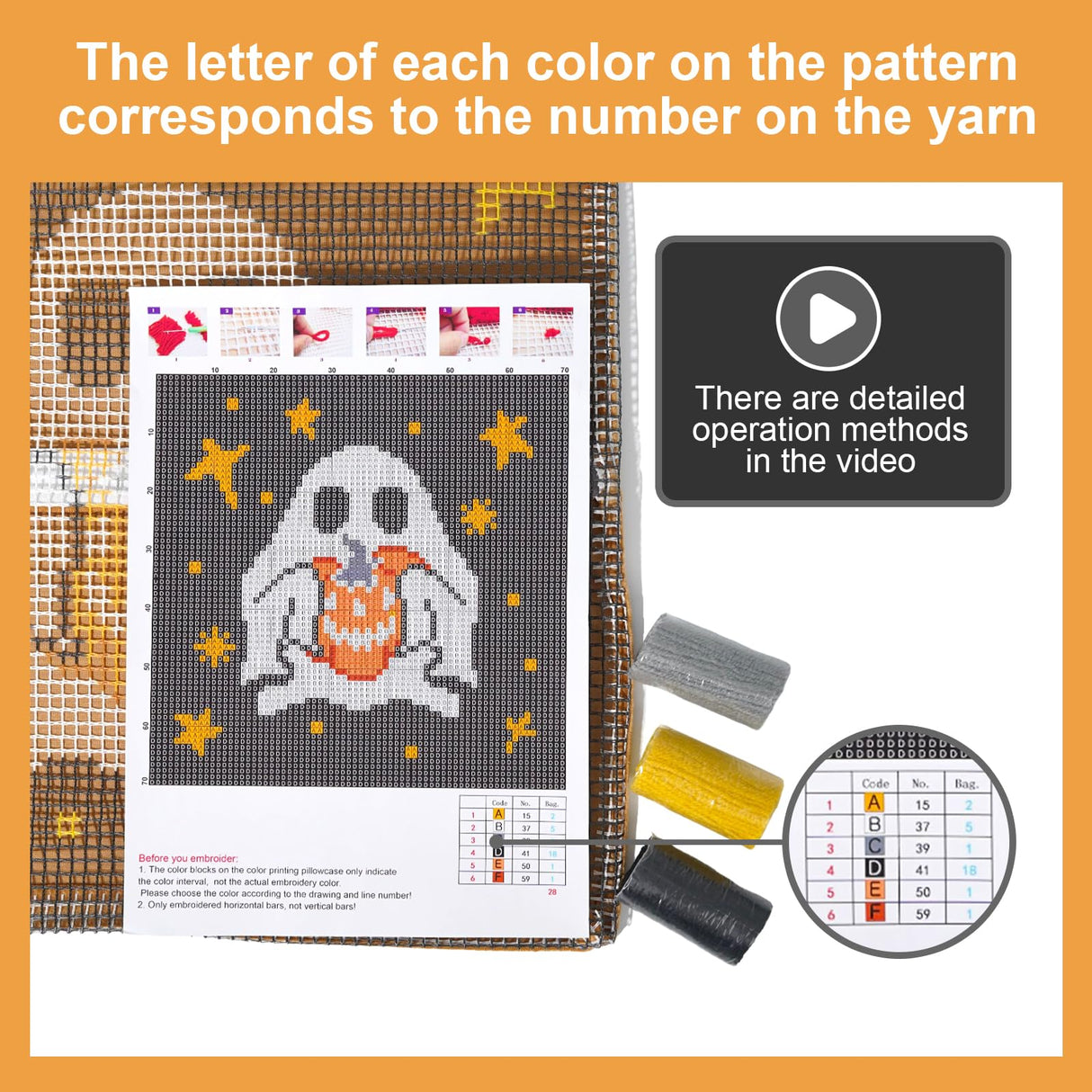 QIONG MENG Latch Hook Kits for Adults, DIY Halloween Ghost Pattern Pillow Cover Kit Needlework Cushion Cover Hand Craft Crochet for Home Sofa Decorations 17 x 17 Inch QIONG MENG